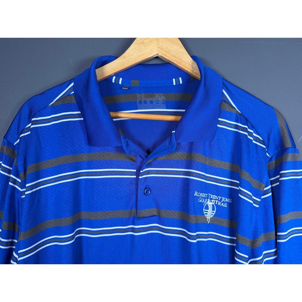 Under Armour Mens XL Blue Striped RTJ Robert Trent Jones Golf Trail Polo Shirt